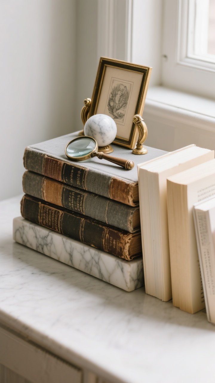 Overhead detail shot of book styling: a horizontal stack of old cloth-bound books with textured spines used as a pedestal for a marble orb and an antique magnifier, next to a vertical row where a few books are turned around to show creamy page edges, creating a soft gradient of color. A small framed etching leans and slightly overlaps the vertical row to add depth. Include vintage brass hand bookends at the edge of frame. Natural window light grazing across paper fibers and marble veining for tactile realism.