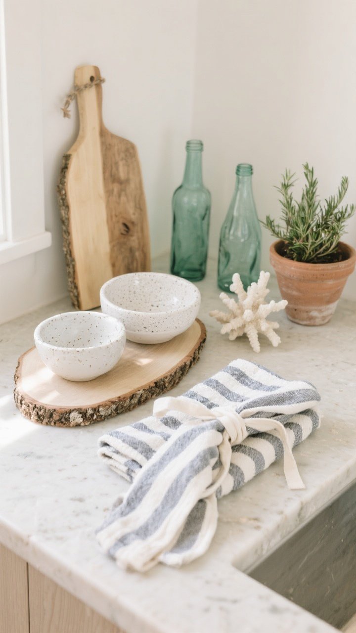 Overhead detail shot of coastal-but-not-kitschy accessories on a light stone countertop: neatly folded striped ticking towels, a linen apron tie visible, white ceramic and speckled stoneware bowls, a live-edge board, a small rosemary plant in a clay pot, and recycled glass bottles in sea-glass green; one ocean-inspired piece like a small coral sculpture included with restraint; soft natural light, gentle shadows, elevated and usable vibe.