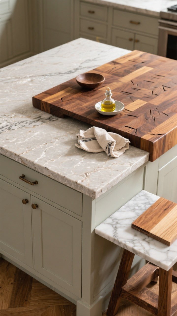 Overhead detail shot of mixed countertops: perimeter in honed soapstone against shaker bases, island in oiled walnut butcher block; include arranged cutting marks and gentle patina on the walnut, a small dish of mineral oil and a soft cloth suggesting maintenance, subtle edge of a quartz + oak sample board and a honed marble + maple sample to hint alternate combos; warm ambient light showing texture and veining, photorealistic.