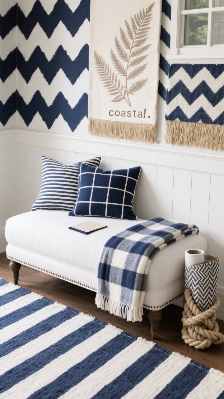 Overhead detail shot of pattern curation on a white ottoman or bench: showcase pattern mixing that whispers “coastal.” Include a wide navy-and-white striped rug edge beneath, a solid white fabric swatch, a small striped pillow in navy, a navy windowpane check throw, a delicate fern print in soft taupe/sand, and a subtle herringbone sample next to a rope-knot motif used sparingly. Add a roll of white shiplap/beadboard and a strip of natural-tone grasscloth wallpaper for walls. Palette strictly navy, white, and natural tones; avoid literal motifs overload. Photorealistic; no people.