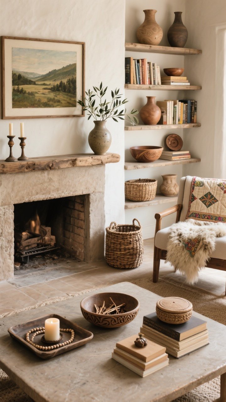 Overhead detail shot of styled surfaces: A rustic mantel vignette with one anchored landscape art piece, two candleholders, and a ceramic vessel with clipped olive branches; next frame area includes a coffee table tray with a candle and beads, a low carved bowl, and two stacked books with a small object. Nearby shelves follow 60% books, 30% objects, 10% breathing room, featuring hand-thrown vases, woven baskets, and carved wooden bowls; a vintage quilt folded over an armchair and a small sheepskin on a bench. A lidded basket by the fireplace for kindling. Natural daylight, warm, curated not cluttered.