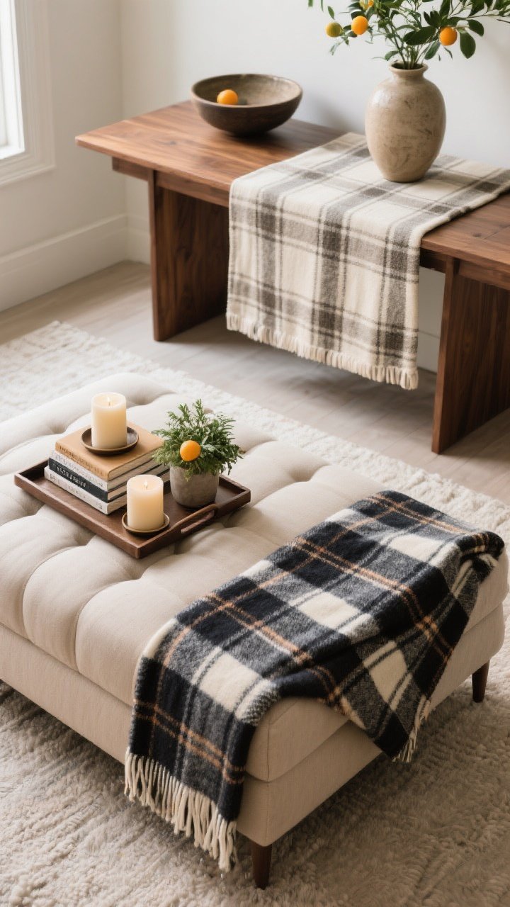 Overhead detail shot of styled surfaces: an upholstered ottoman coffee table with a plaid blanket spread smoothly and a tray anchoring it; tray trio includes a candle, stacked books, and a small plant; blanket folded to display a balanced section of a bold pattern (avoiding chaotic lines). Second surface in frame: a console table using the plaid folded as a wide runner, topped with a ceramic vase and a bowl; contrast emphasized—dark plaid on light wood, and light plaid on darker wood; seasonal accents subtly present (greenery or citrus), photorealistic textures and crisp edges, natural daylight.