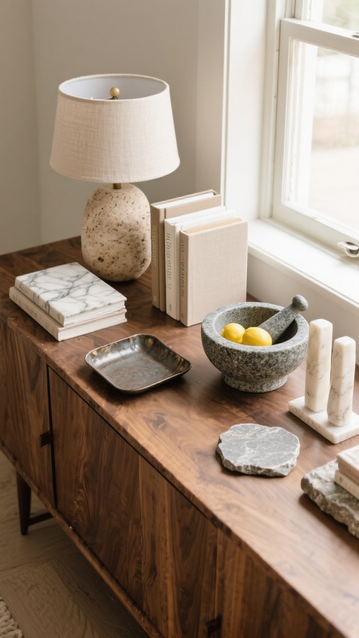 Overhead detail shot on a wooden sideboard: curated stone decor including a travertine lamp base with linen shade, a marble mortar and pestle, a granite bowl holding lemons, alabaster bookends framing neutral hardcovers, and stone coasters. Mixed materials—wood grain, linen, and a small iron tray—balance the stone. Soft natural window light highlights subtle veining and matte, tumbled finishes. Photorealistic, styling-focused flat lay feel.
