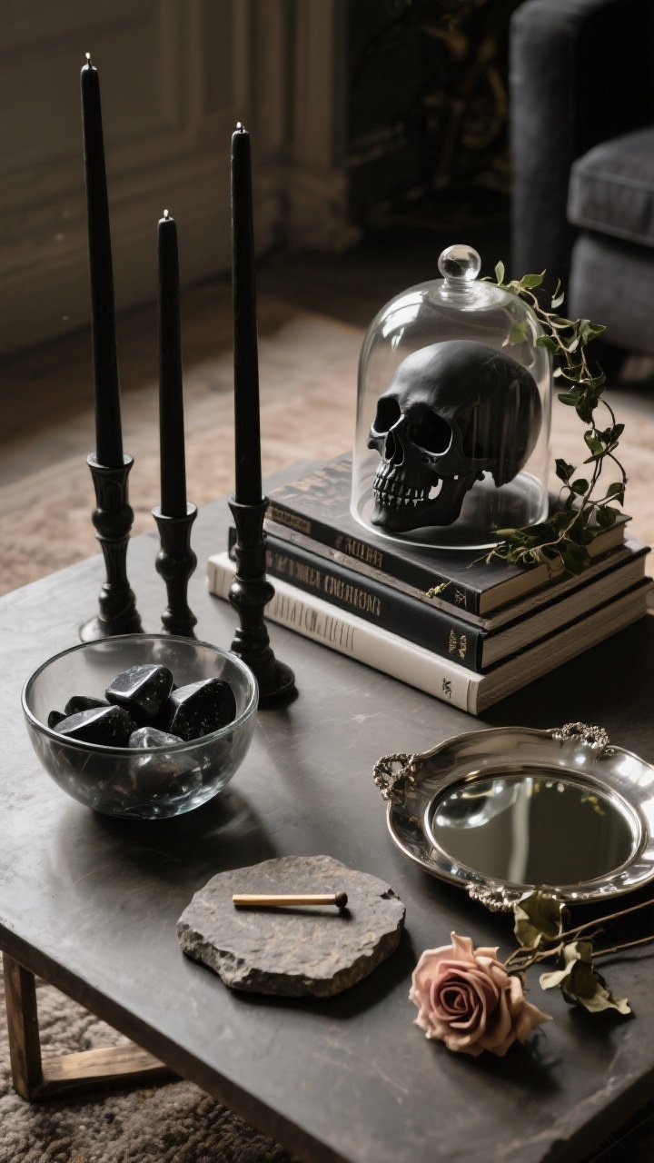 Overhead shot of a styled coffee table vignette: focal point matte skull under a glass cloche, tall black tapers adding height and shadow, a trailing plant edge creeping into frame; stack of large art books, a smoky glass bowl filled with polished obsidian/onyx stones, and a small mirrored tray adding sparkle; textures balanced—rough stone coaster, polished metal match striker, soft dried roses; arranged in odd numbers with varied heights and intentional breathing room; low, warm lighting for cinematic shadows and a refined gothic ambiance.