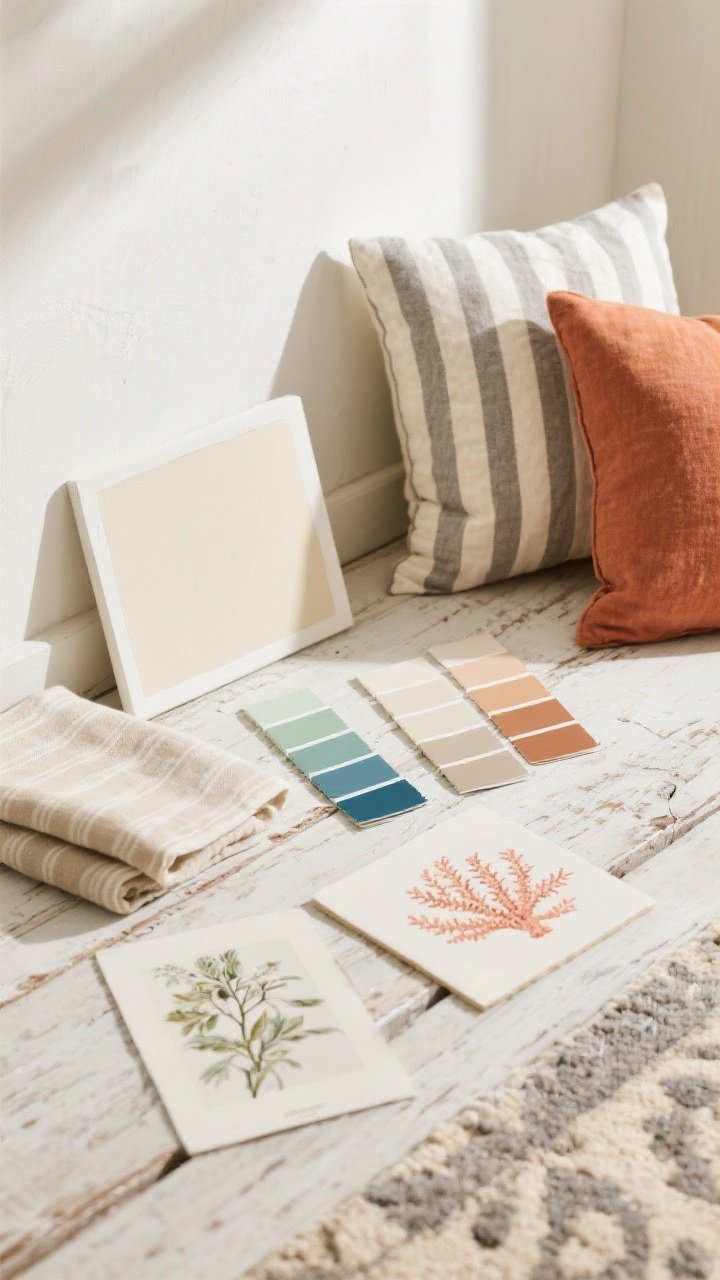 Overhead, styled vignette detail capturing the sun-washed, salt-kissed color palette: paint swatches of soft white and warm ivory for walls; fabric samples in oatmeal, sand, and driftwood gray for furniture and rugs; accent swatches in sage, misty blue, clay, and terracotta for pillows and art. Include a folded cabana stripe textile, a small coral-motif or subtle botanical print sample, and a muted block print. Arrange on a weathered light-wood surface with soft natural daylight, emphasizing texture and tone over theme.