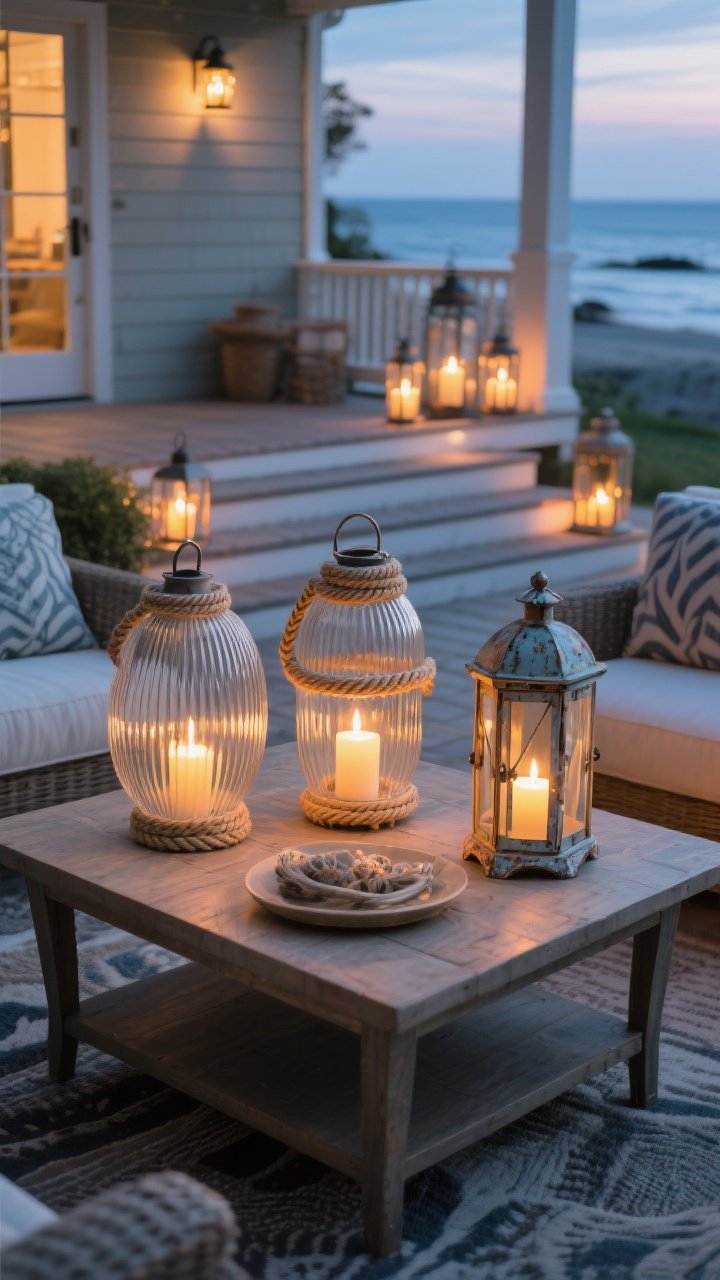 Overhead vignette of a coffee table anchored by a trio of coastal lanterns: ribbed glass, rope-accented, and weathered metal styles mixed in varied heights; warm flicker LED pillars inside mimic real candlelight; background hints of a porch entry with additional lanterns lining the stairs; inviting seaside evening mood, outdoor-rated feel, photorealistic.