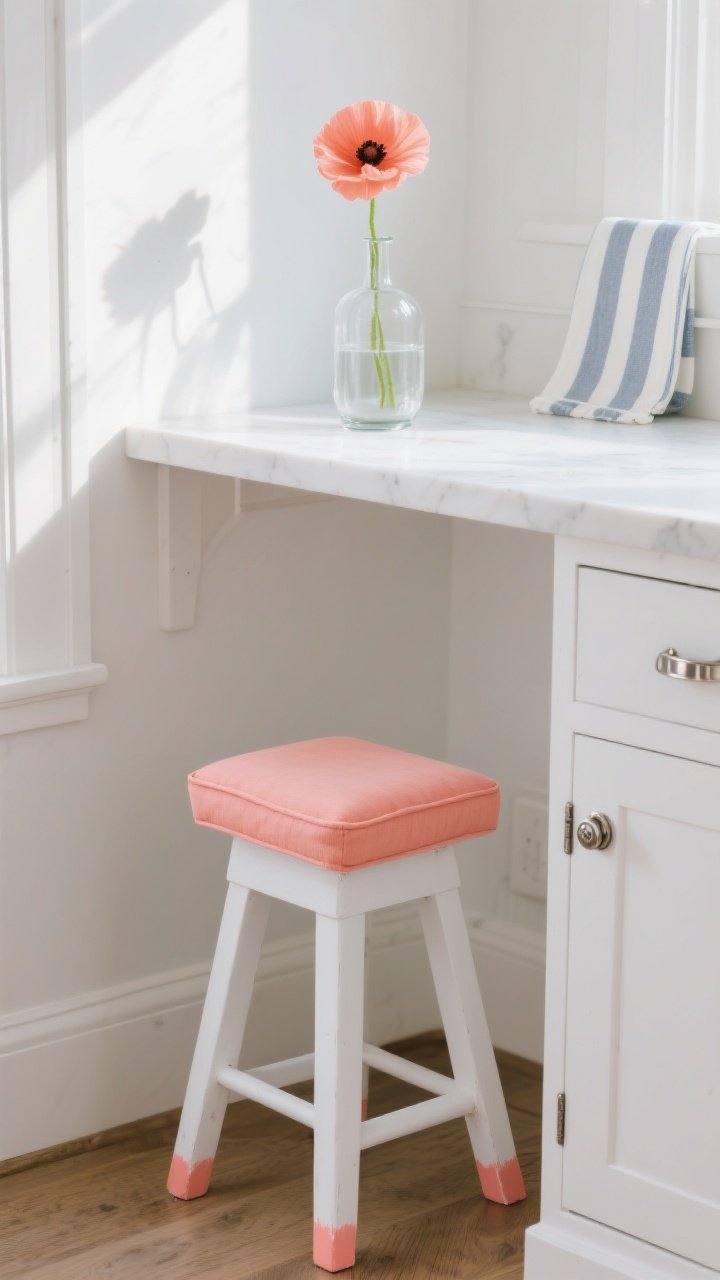 Photorealistic closeup detail of a cloud white breakfast nook corner bathed in late afternoon glow: a white stool painted with coral blush accents, a bench cushion in soft coral, and a clear glass vase holding peachy ranunculus and a single coral poppy; polished nickel hardware on a nearby white cabinet; a whisper of soft blue-gray in a striped tea towel; light, bright metals and fresh, modern feel