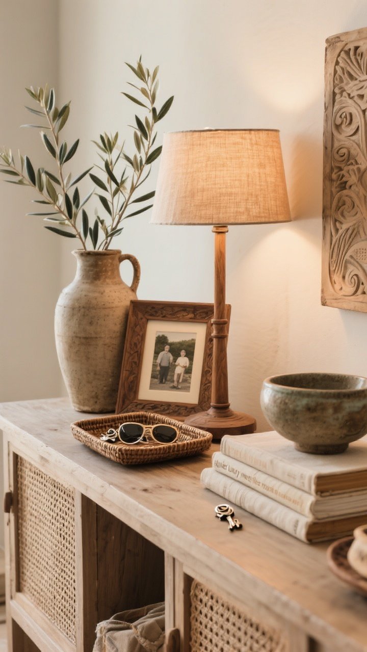 Photorealistic closeup/detail of a collected console styled “quiet luxury meets flea-market treasure”: a rustic jug with tall olive branches, a warm-toned table lamp with a linen shade, a small framed family photo or landscape in a wood frame, a carved wood or stone bowl with keys and sunglasses, and a woven tray stacked with linen-bound books and a small pottery piece. Negative space preserved, warm natural light grazing wood grain, pottery glaze, and woven fibers; shallow depth of field.