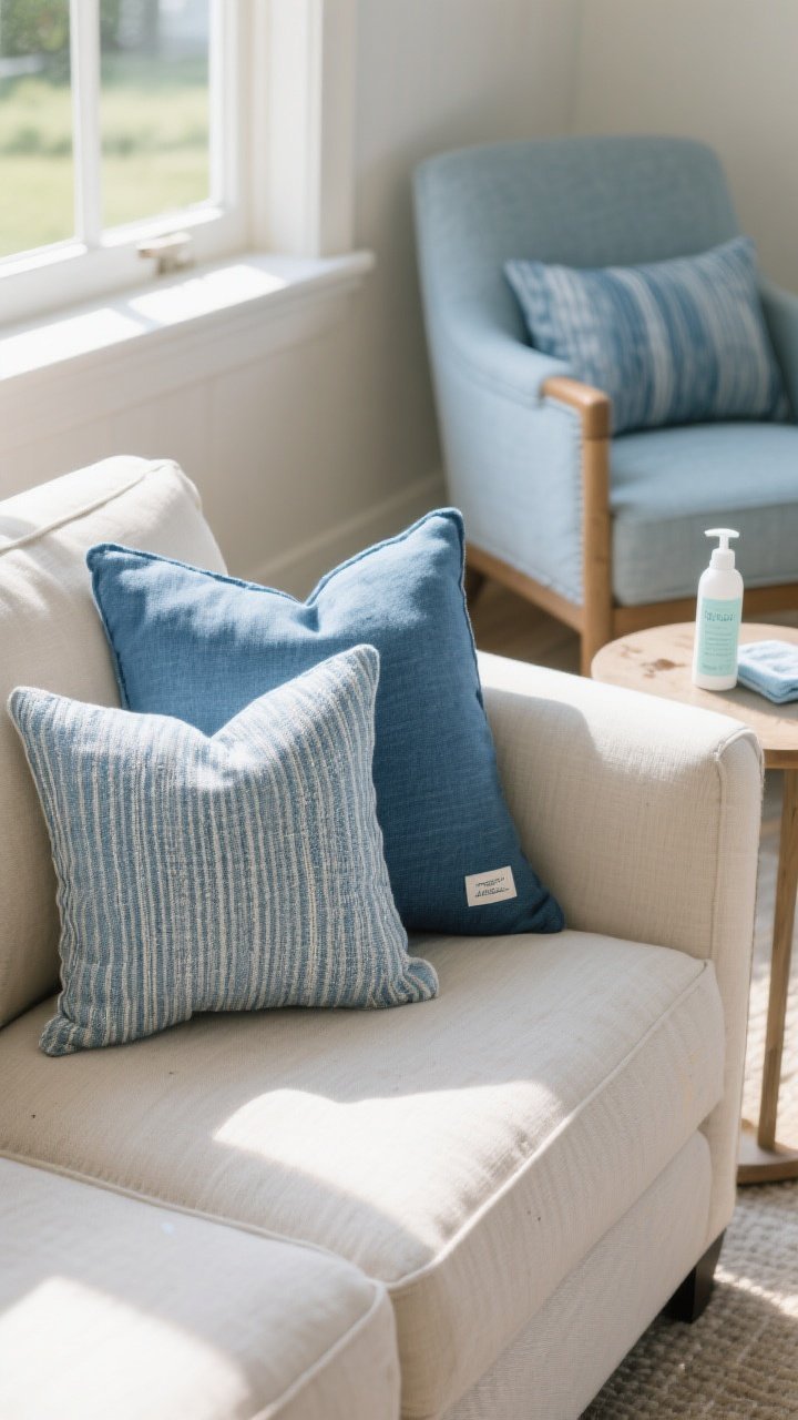 Photorealistic closeup detail of performance fabric pillows placed at sofa corners and on an accent chair: solution-dyed acrylic, olefin, and performance linen blends in coastal blues and neutrals. Subtle tag or weave detail indicating durability; slight sunbeam highlighting that they’re UV-ready, ideal near a bright window seat. Show spot-clean practicality with a nearby gentle fabric cleaner on a side table; no stains, just a clean, lived-in feel.