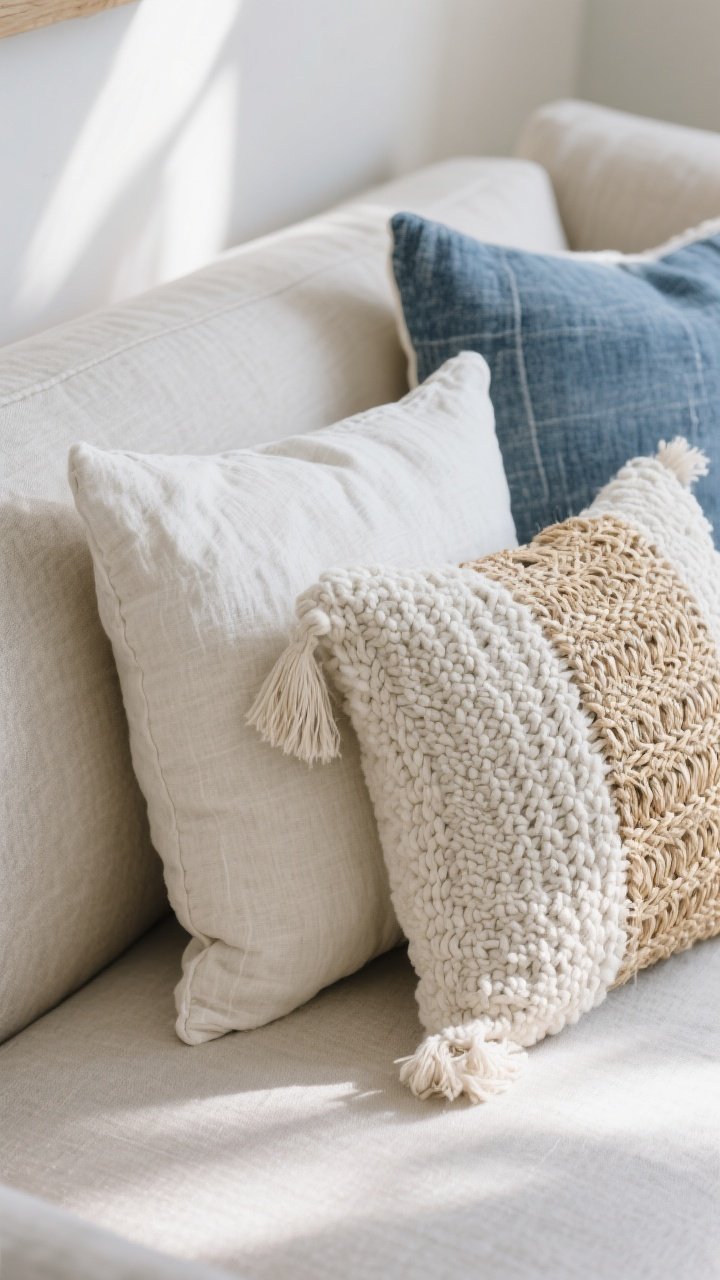 Photorealistic closeup detail of pillow textures on a sofa corner: a chunky knit or nubby pillow beside a crisp linen pillow and a smooth slub cotton pillow, with a hint of raffia or seagrass-inspired weave peeking in. Include a fringed edge detail that catches the light, and an off-white boucle accent for high-contrast texture. Corner-angle shot emphasizing weave, raw-edge cotton, and chambray textures under soft, diffused daylight.