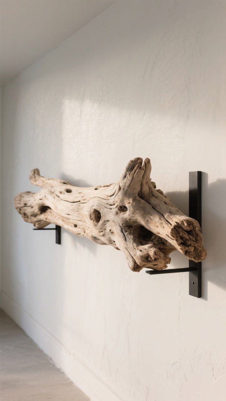 Photorealistic closeup detail shot: a substantial piece of sun-bleached driftwood mounted horizontally on a warm white wall with slim matte black brackets; soft natural side lighting reveals organic grain, knots, and salt-worn texture; minimal surrounding context—only a pale gray wall wash and a hint of neutral plaster texture—so the driftwood remains the hero; restrained styling, no additional decor, matte finish on the wood from a clear coat, high-resolution texture emphasis.