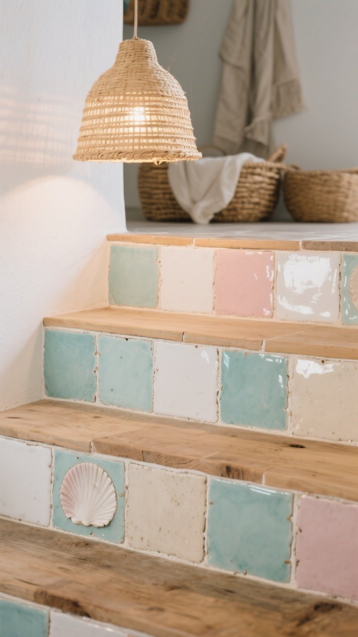 Photorealistic closeup/detail shot from a low angle of handmade-look zellige tile risers in soft coastal hues: seafoam, foam white, shell pink, and sandy beige; subtle variation and glossy, perfectly imperfect texture; tiles distributed randomly across steps for an organic feel; creamy grout that blends gently; calm natural wood treads; warm, cozy illumination from a rattan pendant at the top casting soft highlights on the tile surface; woven baskets and linen accents softly blurred in the background