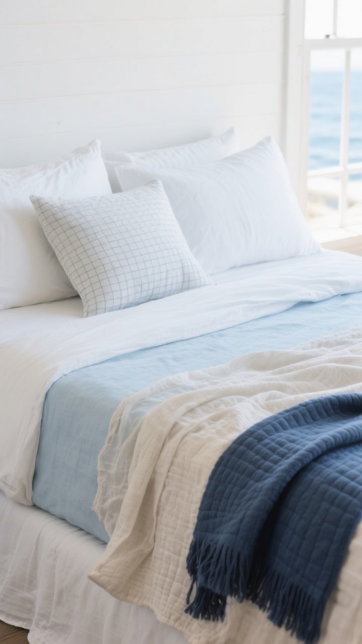 Photorealistic closeup detail shot of breezy beach-house bedding: crisp white fitted sheet and pillowcases as the base, a pale blue cotton percale or oatmeal linen duvet cover layered on top, with a lightweight gauzy muslin quilt folded at the foot of the bed; include one grounding deeper tone like a navy matelassé throw draped casually. Show subtle pinstripe or fine windowpane check on one pillowcase for quiet pattern. Emphasize airy, breathable textures—linen slub, muslin crinkle, soft percale sheen. Natural morning light from a nearby window creating soft, sea-breeze vibes; no heavy props, just the bed filling the frame.
