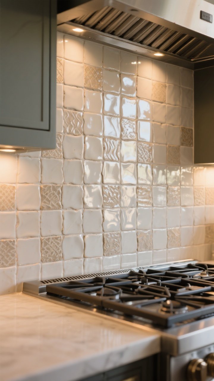 Photorealistic closeup detail shot of hand-cut Moroccan zellige backsplash tiles in a neutral palette, 4x4 and 2x6 sizes set in a vertical running bond, glossy surface with subtle ripples and slightly uneven edges catching soft under-cabinet LED lighting; color-matched grout to keep focus on sheen and texture; view crops just behind a modern range with the tile waterfalled up to the ceiling, mood warm and chic, no people.
