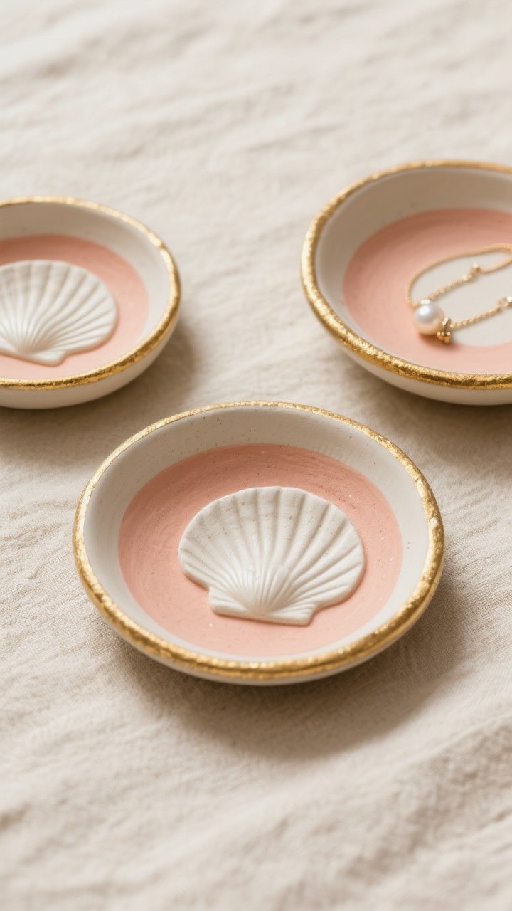 Photorealistic closeup detail shot of seashell-stamped clay jewelry dishes on a linen surface: shallow round dishes formed over bowls, with crisp shell-impressed textures. Edges sanded smooth; a thin wash of pearl and soft coral paint enhances the relief, rims edged with liquid gold leaf. Matte-to-satin finish, subtle highlights catching the gold rim. Neutral background of sand and cream tones, boutique ceramic feel.