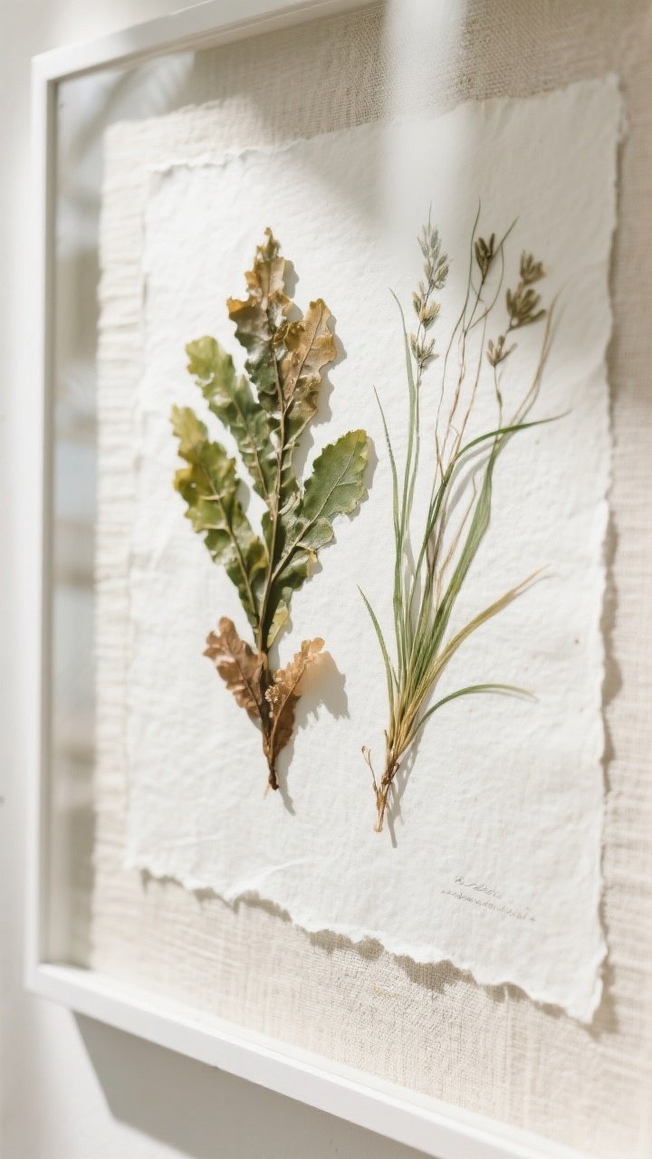 Photorealistic closeup detail shot: pressed seaweed and eelgrass specimens carefully mounted on textured watercolor paper and floated in clear float frames so the delicate fronds’ edges are visible; subtle shadows fall onto a linen-colored backing; palette of soft greens and muted browns against off-white paper; bright indirect daylight highlights the botanical veins and paper texture, creating a refined, fresh coastal feel.