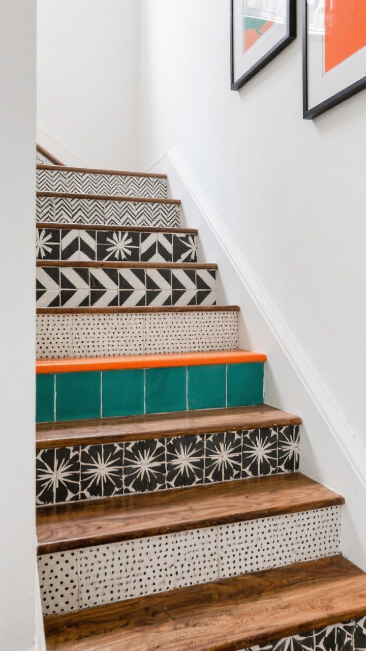 Photorealistic closeup/detail, straight-on of stair risers featuring graphic black-and-white patterned tiles using two designs: one bold (chevron or starburst) and one subtle (micro-dot or herringbone); insert a single color band in citrus orange or emerald on the fourth step to break the sequence; oiled wood treads for warmth; crisp, even lighting to emphasize high contrast; two framed prints in the pop color partially visible along the stair wall to tie the palette together