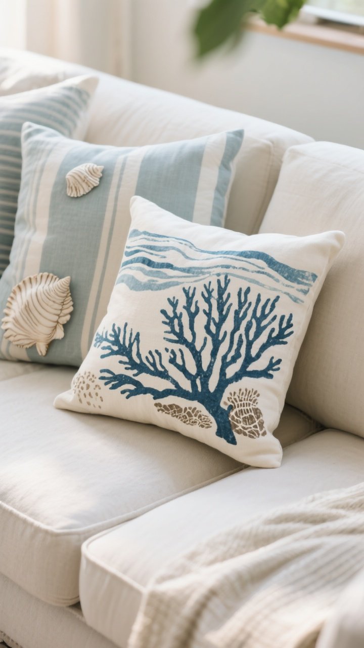 Photorealistic closeup of a single hero coastal print pillow on a neutral sofa, surrounded by supportive solids and a subtle stripe: feature a muted indigo coral or seaweed sketch print (two to three colors max), with painterly, abstract waves or hand-drawn shells in the background pillows. Avoid kitschy elements; keep tones soft and refined. Overhead-angled detail that highlights the print’s texture and block-printed character in gentle daylight.