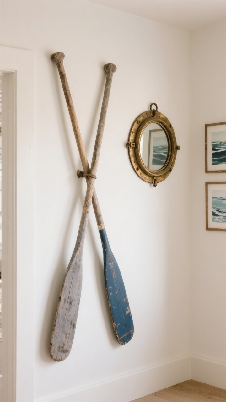 Photorealistic corner medium shot: a pair of crossed vintage wooden oars painted in muted driftwood gray and navy with a matte finish mounted on a warm white wall; a salvaged brass porthole mirror with a matte, slightly weathered patina hangs nearby, flanked by small abstract ocean prints; balanced composition under soft, diffused daylight; restrained nautical nods, modern and uncluttered.