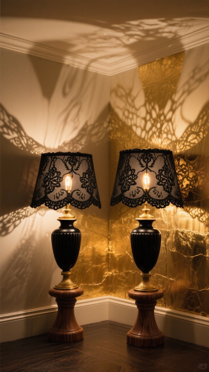 Photorealistic corner medium shot of two sculptural lamps with urn-shaped/brass or turned-wood bases painted matte black; lamp shades wrapped in black lace with large motifs, edges secured cleanly; interiors lined with gold foil adhesive for a warm glow; fitted with warm Edison bulbs casting intricate lace shadow patterns across the adjacent walls and ceiling; positioned in a corner to layer shadows for dramatic, cozy-goth ambiance; no people.