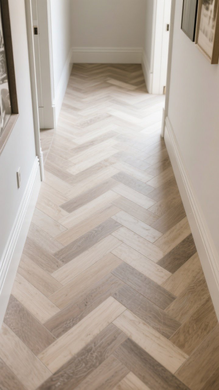 Photorealistic detail closeup of a herringbone floor pattern made from porcelain planks in mixed light and medium tones for a subtle, luxe twist; crisp, freshly painted baseboards emphasize the clean edges; the herringbone “V” points inward to elongate a narrow foyer; soft, even natural light skims across the surface to reveal texture and precise alignment; overhead angle to clearly show the directional flow.
