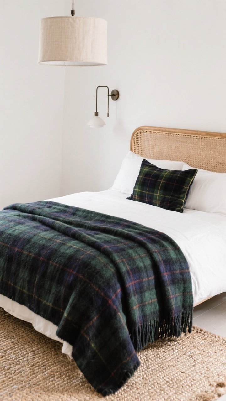 Photorealistic detail/closeup showcasing balanced materials: a dark tartan duvet edge meeting a light jute rug underfoot, or a wool plaid throw layered over crisp white percale sheets; include a rattan or cane headboard edge contrasted with a velvet plaid pillow for tactile variety; lighting shows slim swing-arm sconces on the wall and a linen drum-shade pendant above slightly out of focus; overhead-angled closeup to highlight texture contrast and keep the composition airy, not heavy