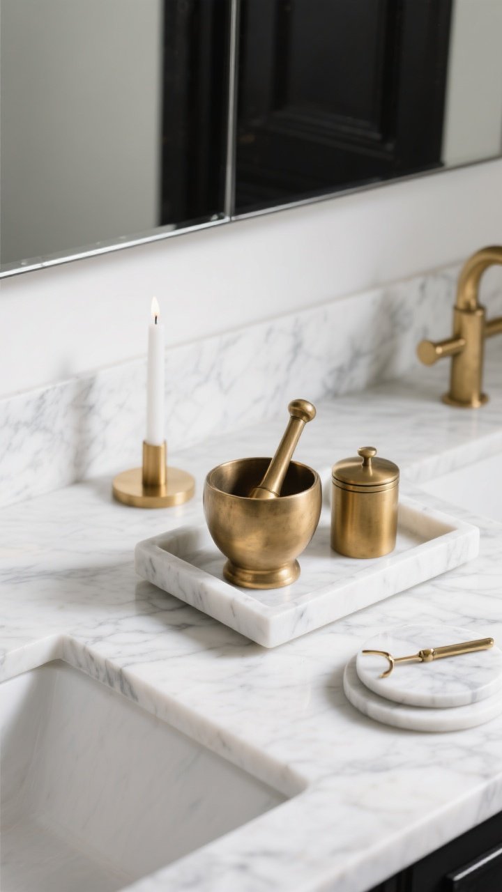 Photorealistic detail closeup, soft daylight: a white Carrara marble tray on a marble vanity top with subtle gray veining, holding an unlacquered/brushed brass mortar and pestle alongside petite brass canisters; nearby, marble coasters rest on the counter with a brass candle snuffer and wick trimmer set; tight palette of white marble, black accents, and warm brass, with gentle patina on the brass for character; crisp, minimal styling, shallow depth of field to emphasize cool stone texture against warm metal