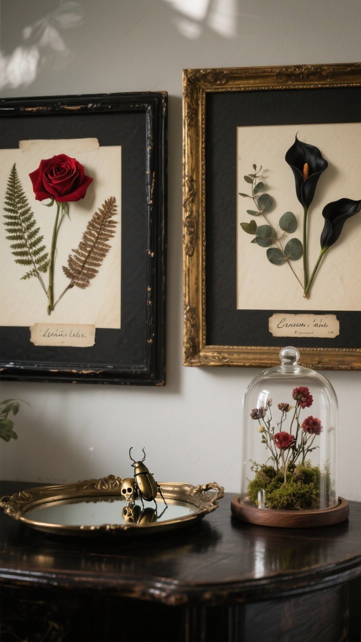 Photorealistic detail shot of botanical curiosities: a pair of thrifted frames painted black and antique gold with mat boards displaying pressed deep red roses, ferns, eucalyptus, and black calla lilies mounted on cream and black cardstock, labeled with handwritten Latin names; beside them, a glass cloche on a dark-stained wooden base containing a small arrangement of dried florals, preserved moss, and a tiny brass beetle (or mini skull), styled on a mirror tray to bounce light; romantic, slightly eerie mood with soft, directional highlights.