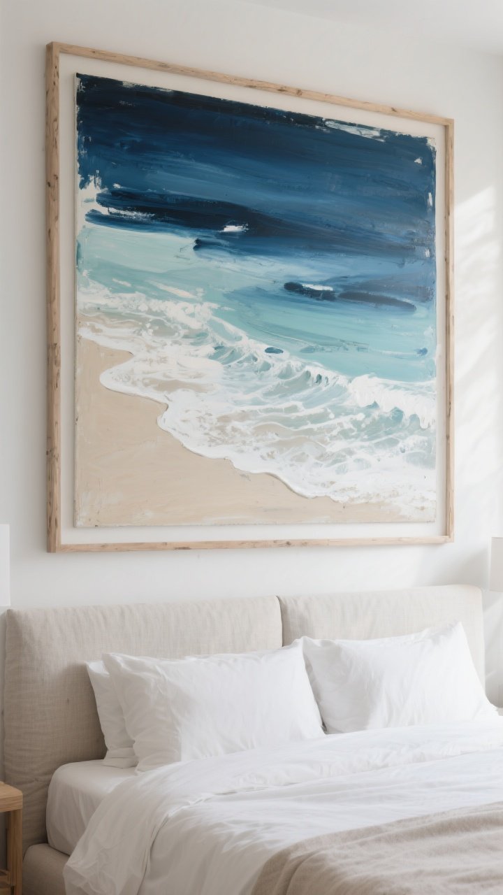 Photorealistic large-scale straight-on shot: an oversized abstract coastal painting above a linen-upholstered bed, featuring broad brushstrokes and gradients in deep blue, seafoam, sandy neutrals, and off-white that suggest tidal movement and foam; framed in raw light wood with a linen mat to add texture; bright but soft natural lighting enhances paint texture; minimal room styling to give it a modern gallery feel.