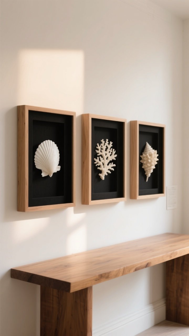 Photorealistic medium shot: a trio of curated shadow-box frames in black and light oak, each showcasing monochrome shells and coral replicas in shades of white, cream, and beige, arranged with generous negative space on linen backers; mounted over a simple oak console on a warm white wall; soft diffused daylight, crisp shadows that emphasize dimensionality; refined, museum-like styling with no overcrowding.