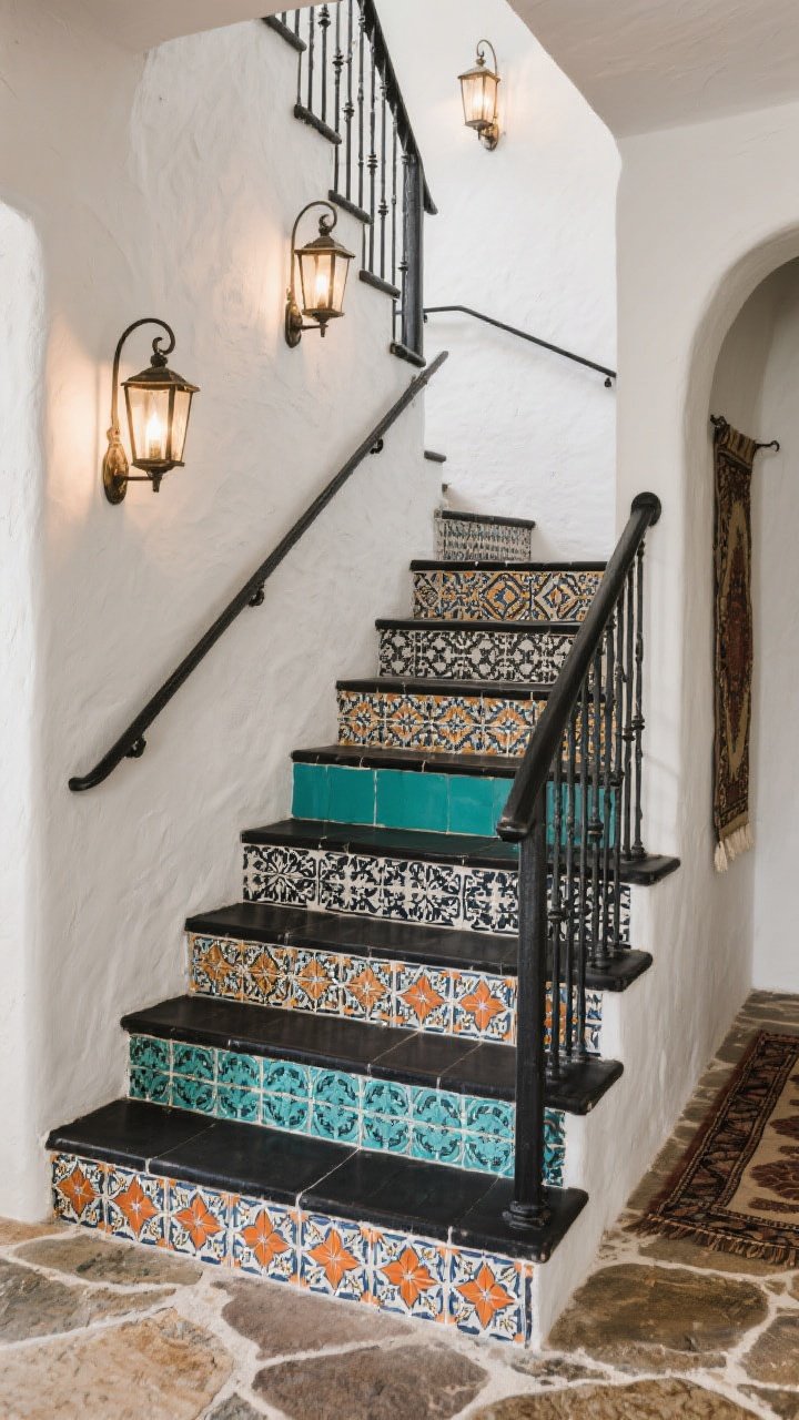 Photorealistic medium shot at a slight corner angle of a Spanish Revival staircase with Talavera-style tiles on risers in a tight palette: black, white, and a single spicy accent color (paprika or teal); alternate busy and simple motifs every other riser to create rhythm; charcoal grout framing patterns; plaster walls, natural stone floor at the base, and a sleek black metal handrail for a modern edge; add metal lantern sconces along the wall and a vintage runner visible on the landing; warm ambient lighting for timeless character