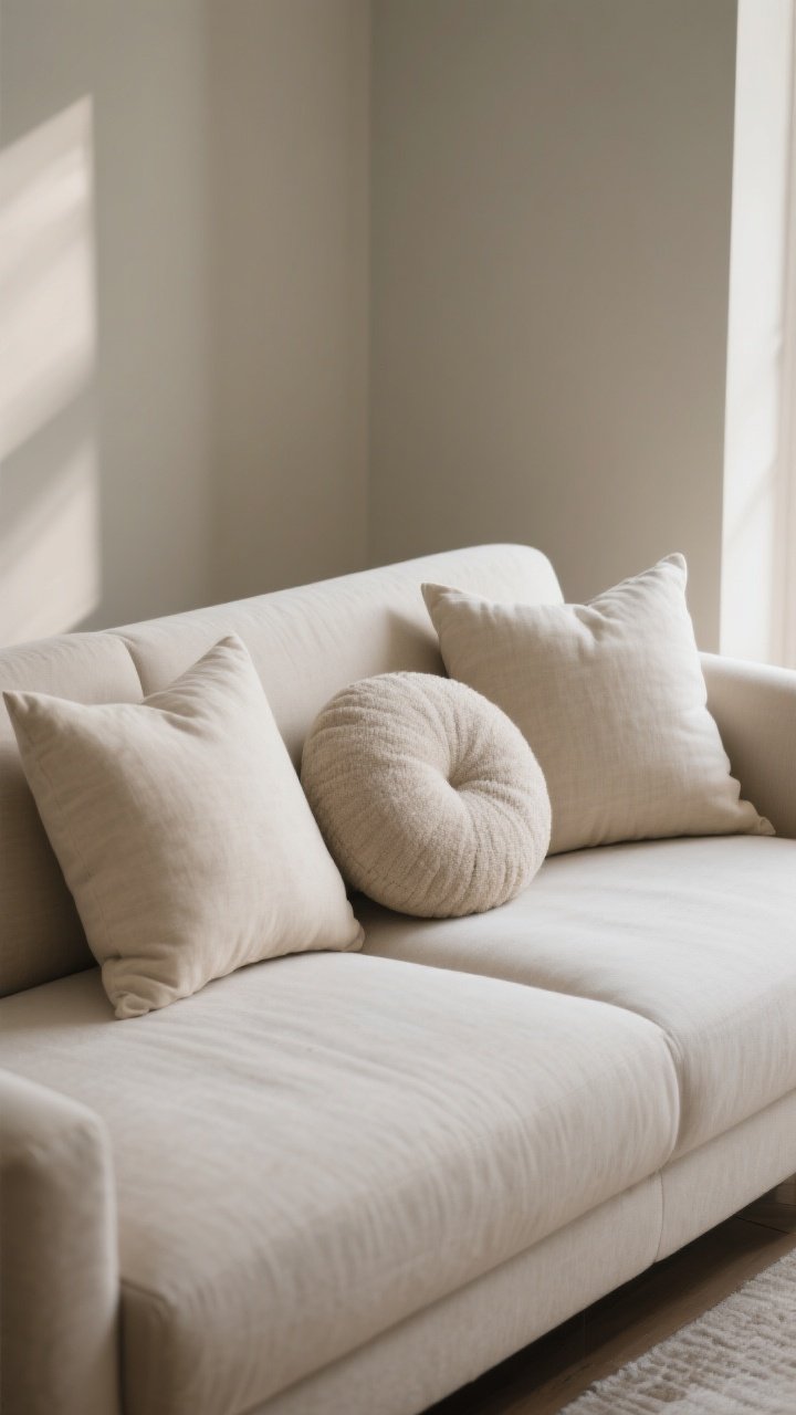 Photorealistic medium shot focused on pillow shapes arranged on a three-seat sofa: 22-inch squares on the ends, 20-inch squares in front, and a center lumbar tying the look together. Add a single round pillow in solid linen or soft boucle for the “round moment.” Include a quick insert detail by making pillows slightly overfilled for a designer plump look. Corner perspective to emphasize depth and the varied silhouettes under soft natural light.