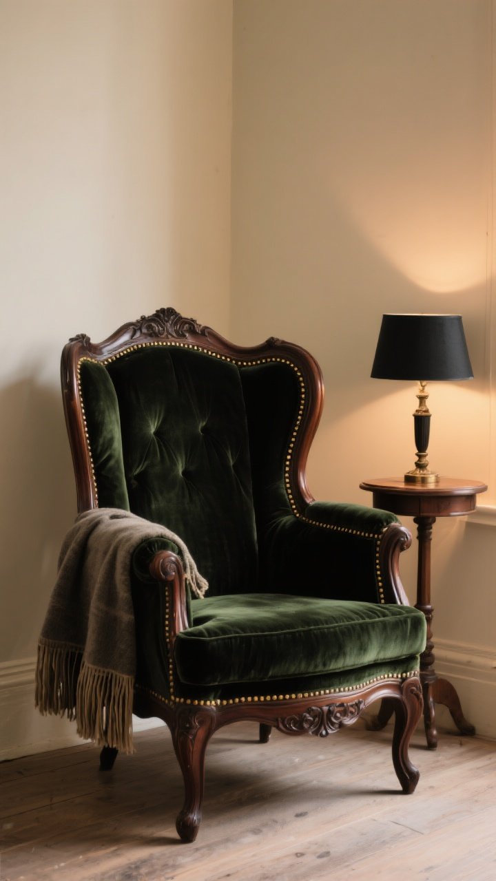 Photorealistic medium shot of a “velvet throne” reading nook: a refurbished thrifted accent chair with carved wood/curvy silhouette; frame stained rich espresso (or painted matte black) and lightly sealed; reupholstered in black, oxblood, or forest-green velvet with antique brass nailhead trim around the cushion; paired with a fringed throw and a small side table topped with a black lamp; soft, warm lighting to emphasize velvet pile and wood grain; Victorian-adjacent, no people.