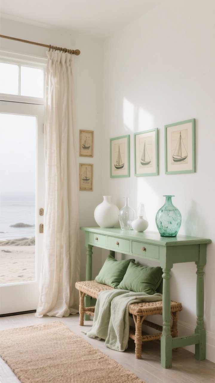 Photorealistic medium shot of a bright entryway with warm white walls (creamy, not stark) and natural light streaming in, featuring a sea glass green painted console table, linen drapes softly pooled on the floor, sage-leaning green pillows on a woven bench, and a mix of matte white ceramics and clear glass vases; include a small gallery of vintage nautical prints with pale green mats on the wall; airy, foggy shoreline mood, no people