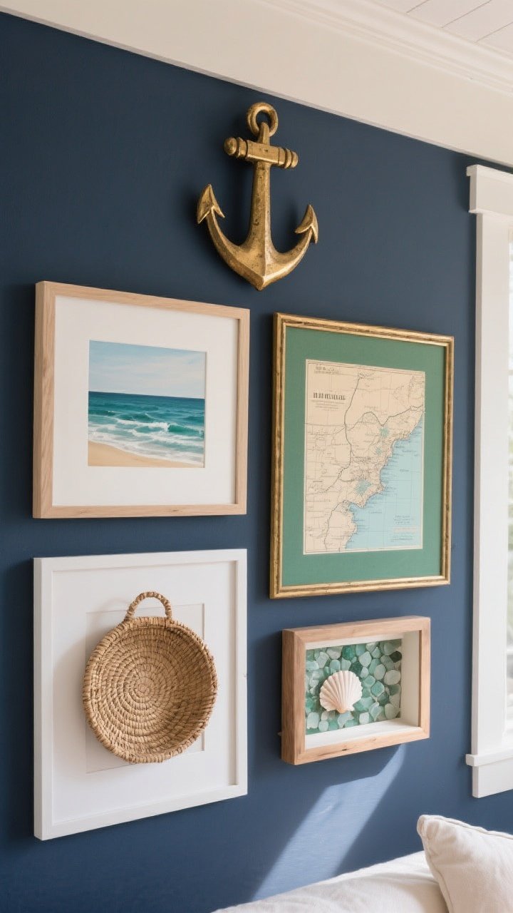 Photorealistic medium shot of a cohesive coastal gallery wall: a balanced composition mixing a small ocean photograph, a mini painting, a vintage coastal map, a shallow woven basket, and a mini shell shadow box; unified by a color rule of navy and sand with a sea-glass green accent; frames in white and light wood with one brass frame for sparkle; largest anchor piece at eye level; warm, even natural light and precise spacing give an organized, collected look.