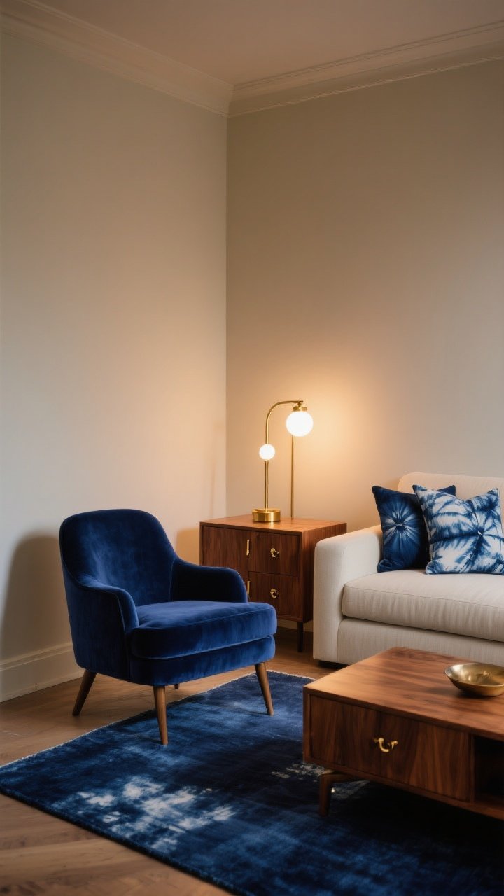 Photorealistic medium shot of a cozy living room corner: creamy almond-toned walls with a warm glow, an indigo velvet accent chair beside a deep blue rug, dyed indigo shibori pillows on a cream sofa, and warm brass lighting and cabinet pulls; medium warm wood tones (walnut or honey oak) in a side table; lit with warm white bulbs so brass glows and indigo looks rich; moody yet inviting evening ambiance