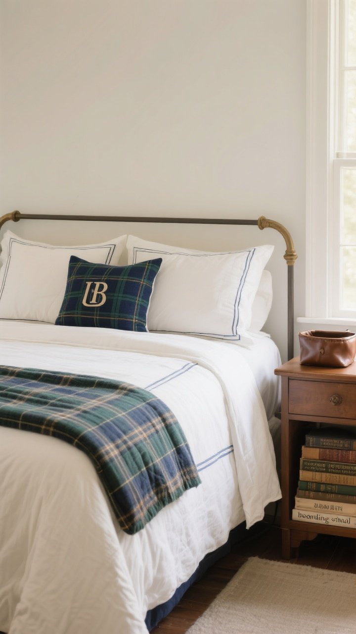 Photorealistic medium shot of a crisp, tailored “boarding school” bed: solid white or cream coverlet on top, a folded plaid duvet or quilt at the foot, two Euro shams (solid or thin stripe) and one plaid lumbar; monogrammed pillowcases in navy or hunter thread; nightstand styled with a leather catchall and a neat stack of vintage hardcovers; bed made with sharp hospital corners; clean lines and balanced textures; soft ambient morning light from one side for a Nancy Meyers meets New England campus vibe