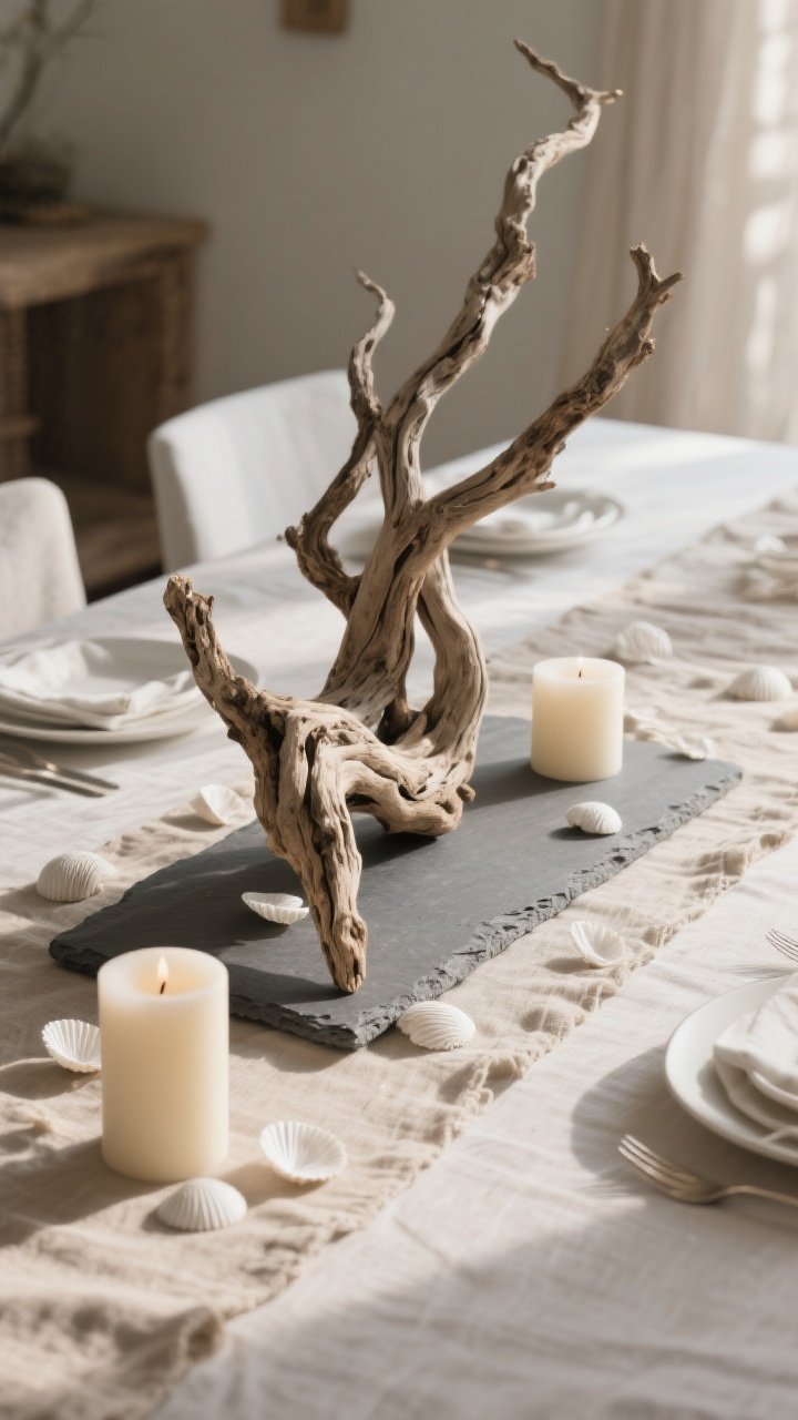 Photorealistic medium shot of a dining table centerpiece: a gnarly, twisted driftwood piece centered on a natural linen runner or slate slab. White shells subtly scattered around, with a couple of pale pillar or taper candles placed low to avoid sightline blockage. Soft, warm ambient lighting as if ready for dinner, shadows emphasizing the sculpture-like wood form. Palette of linen sand, driftwood gray, and white.