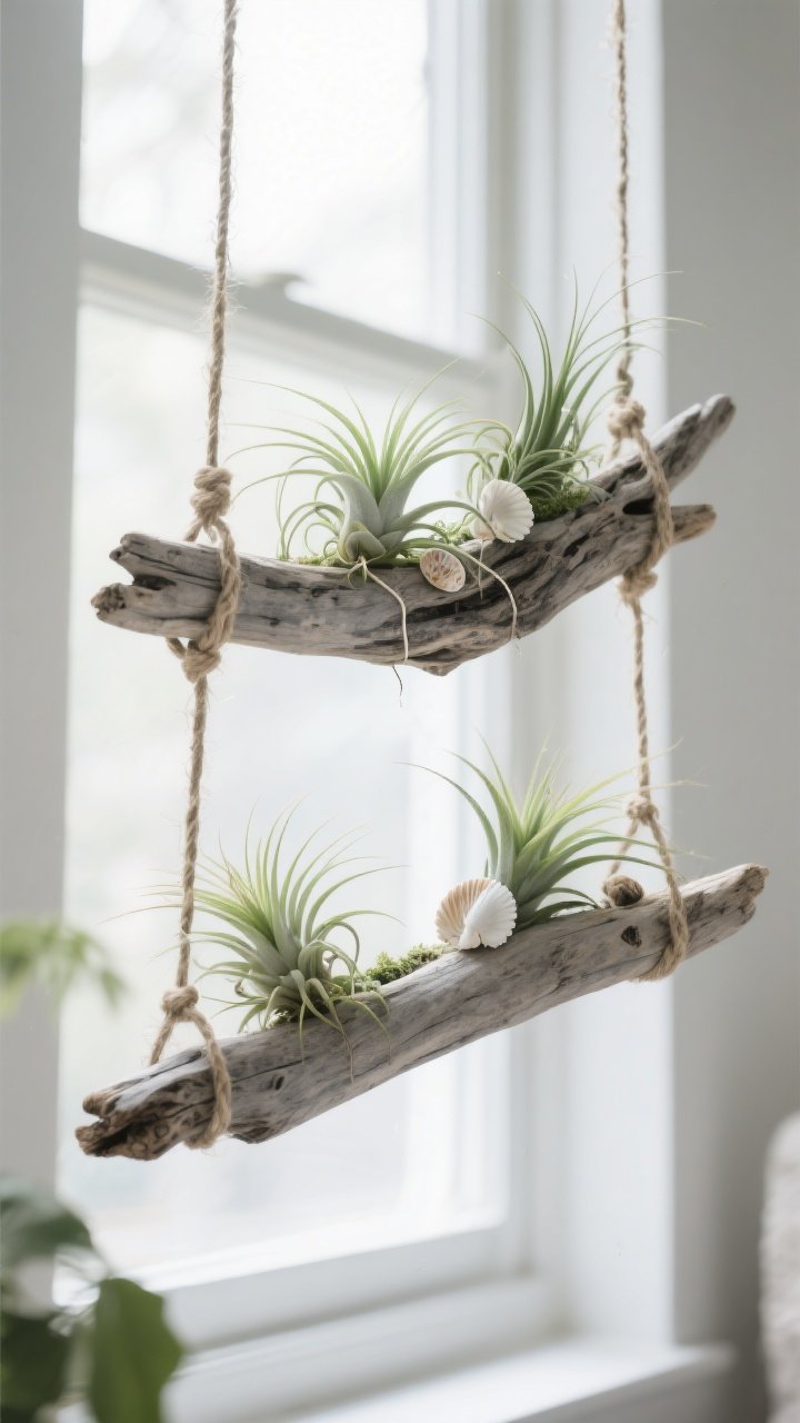 Photorealistic medium shot of a hanging driftwood air plant garden against a bright, indirect-light window: long, lightweight driftwood with interesting knots, suspended by natural twine loops. Tillandsia varieties tucked into crevices and lightly wired, with a few tiny shells glued as accents. Two pieces hang at different lengths for layered depth. Soft shadows, breezy organic vibe; colors in driftwood gray, sage greens, and shell white.