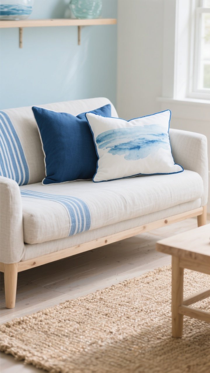 Photorealistic medium shot of a light linen sofa styled with coastal blues: two sky blue pillows, one deep navy pillow, and one white pillow with blue piping; include subtle stripes and a soft watercolor print among the blues, avoiding any neon tones. Set in a living room with jute rug, light wood accents, and warm natural daylight; palette focuses on soft sky, sea glass, and deep navy, with navy acting as the anchor. Straight-on perspective that shows the mix of shades and patterns without appearing matchy.