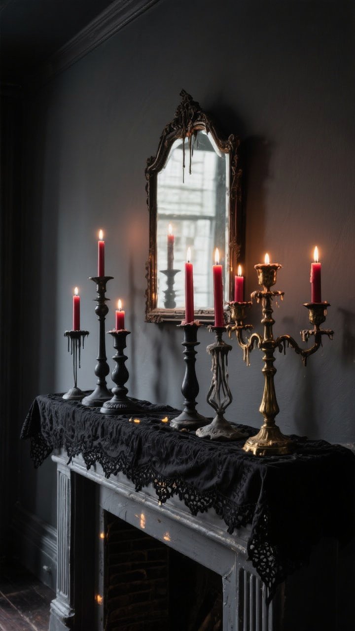 Photorealistic medium shot of a moody mantle styled with a cluster of 3–5 thrifted candelabras and mismatched candleholders at varying heights; finishes in matte black, iron gray, and antique gold with optional faux wax drips on the arms; black or oxblood tapers lit to create candlelight and dramatic shadow play, with a vintage mirror behind them to bounce flicker; a black lace runner beneath (repurposed scarf) adds texture; LED candles acceptable; dark, Victorian-adjacent room tones, no people.