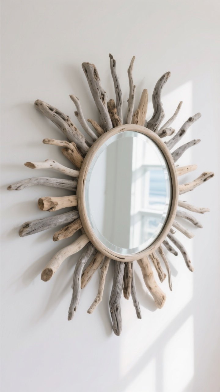 Photorealistic medium shot of a round framed wall mirror transformed with a driftwood sunburst: thin driftwood twigs radiate outward with chunkier pieces close to the frame, arranged like a curated loose mosaic. Matte clear sealed wood in driftwood gray and sand tones, clean white wall backdrop. Natural daylight from the side creates soft shadows between branches. No people; focus on the mirror and textured driftwood details, high-end coastal vibe.