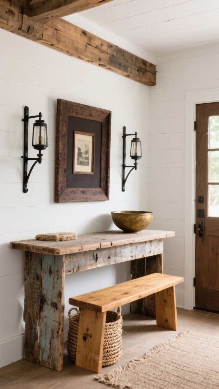 Photorealistic medium shot of a rustic farmhouse entry vignette focused on layered wood tones: a weathered reclaimed-wood console as the anchor, a honey-oak bench nearby, and a dark walnut photo frame above. Add contrasting black iron accents, an aged brass bowl on the console, and a woven seagrass basket under the console. White walls, soft natural daylight from the side, balanced not matchy-matchy, showing subtle worn edges and patina; straight-on perspective emphasizing the harmony of mixed woods and textures.