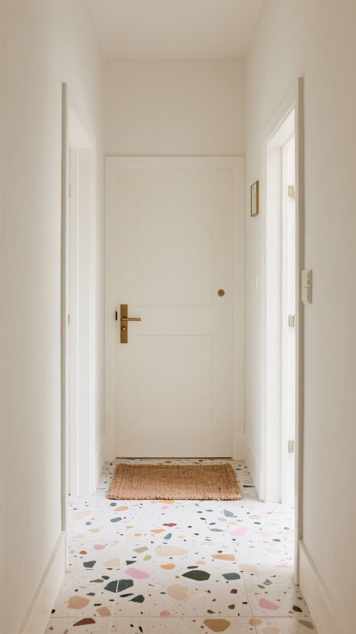 Photorealistic medium shot of a small foyer with terrazzo-look porcelain tiles featuring multicolor chips (neutrals plus subtle candy-colored flecks), matte finish for slip resistance; a low-profile rug echoes one chip color, and brushed brass hardware on the entry door provides contrast; gentle, diffused daylight enhances the playful but elevated mood; straight-on viewpoint focused on the lively, dirt-hiding speckles.