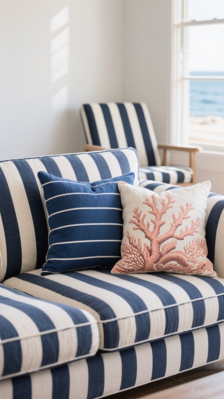 Photorealistic medium shot of a sofa setup featuring understated nautical stripes: a navy-on-cream ticking stripe pillow bridging a sea-blue solid pillow and a muted coral-reef print pillow. Include one thin stripe paired with one wider stripe for visual rhythm; use horizontal stripes on the sofa and show a coordinating chair in the background with vertical stripes. Natural coastal light, straight-on composition, colors swapped toward navy instead of black for a softer palette.