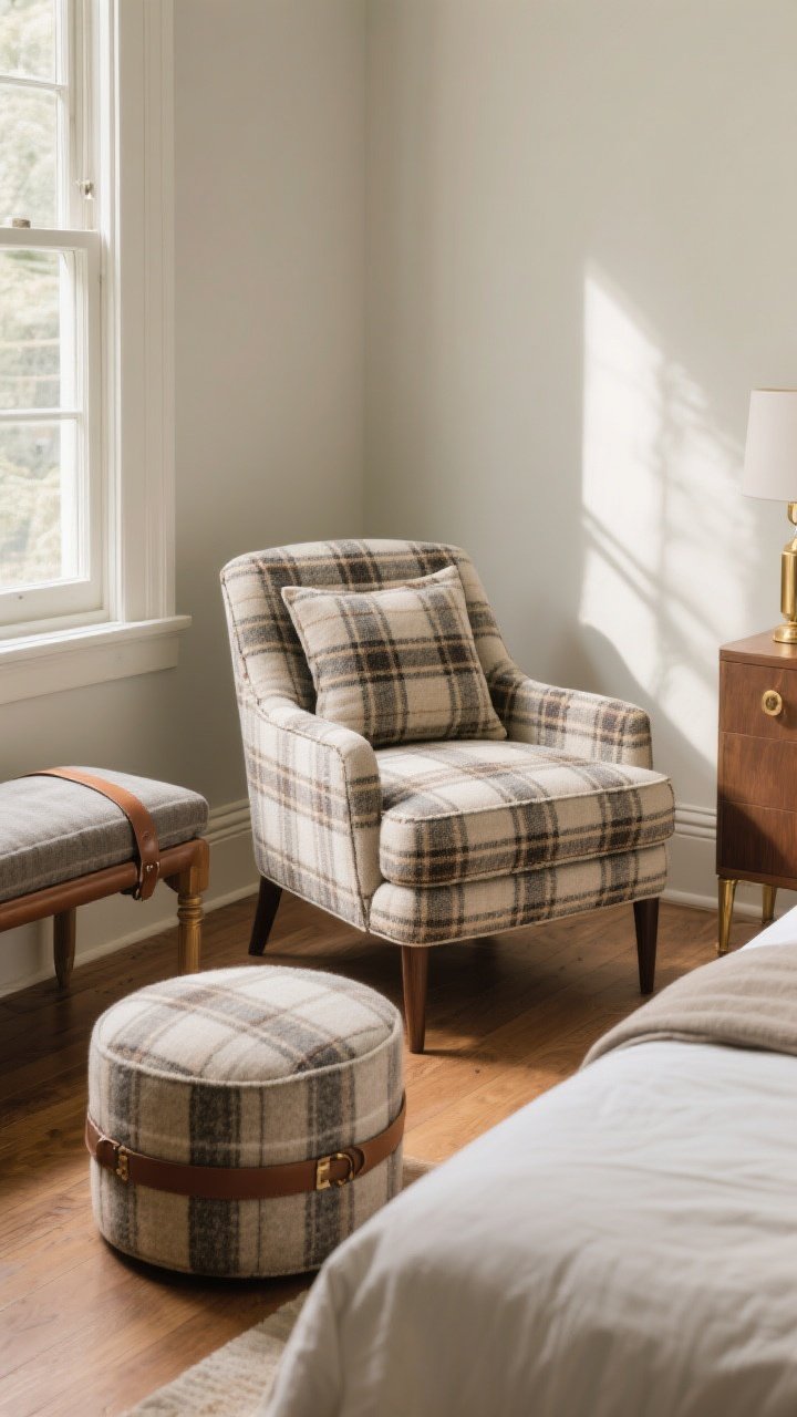 Photorealistic medium shot of accent seating: a slipper chair in a small-scale windowpane plaid that reads textured, not busy, set near a bed; alternatively include an end-of-bed leather-strap bench topped with a plaid cushion, and a round plaid ottoman to soften the room’s lines; fabrics in performance wool blends or a breathable cotton-linen plaid; warm wood flooring, subtle brass accents; side angle from the room corner with gentle afternoon light to emphasize the shapes and upholstery details