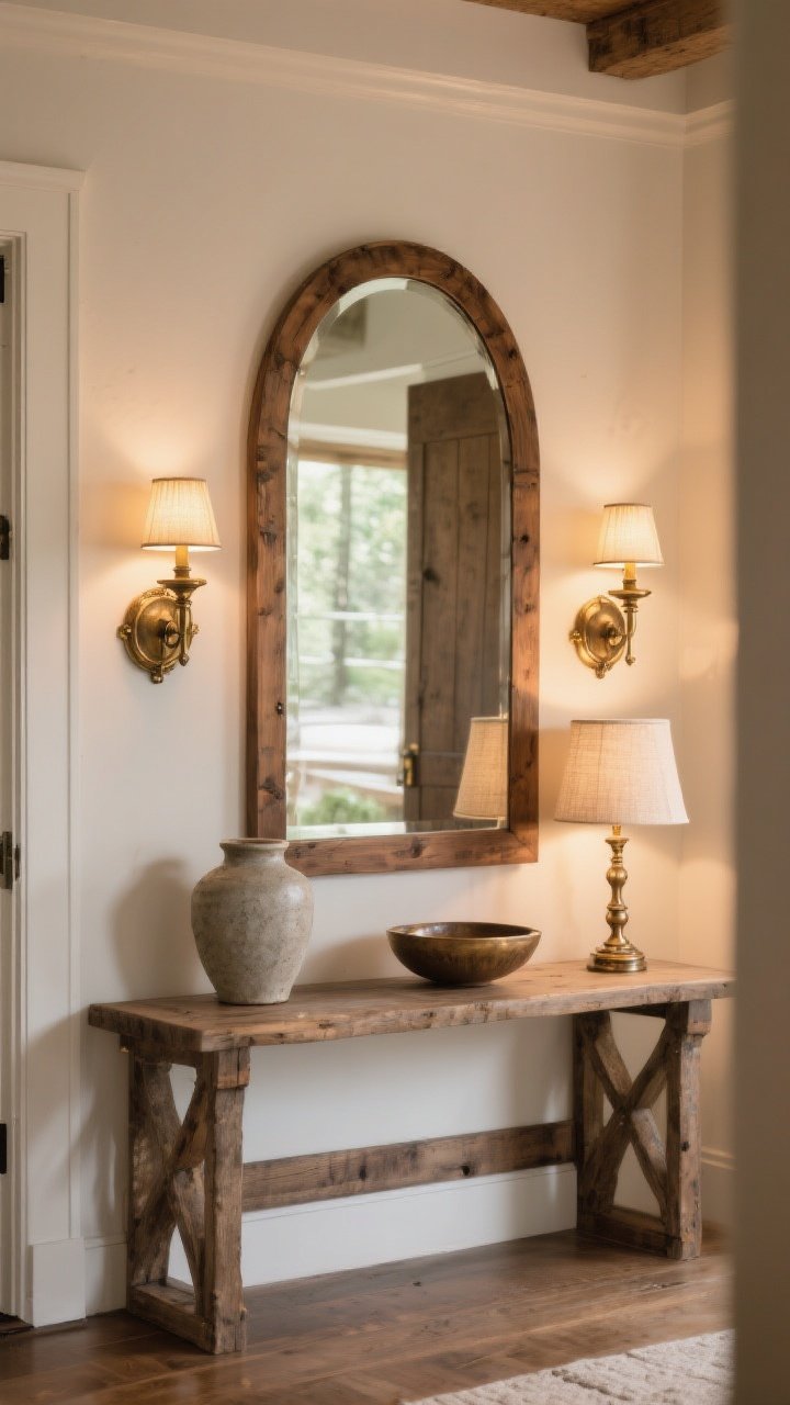 Photorealistic medium shot of an entry console wall showcasing mirror magic: an arched wood-framed mirror hung 6–8 inches above a rustic console. Flank the mirror with two wall sconces in aged brass or oil-rubbed bronze casting warm, flattering light (evening glow). On the console: a stoneware vase, a small lamp with a linen shade, and a catchall bowl. Balanced composition, warm lighting, and wood tones contrasted with subtle metal details; straight-on view.