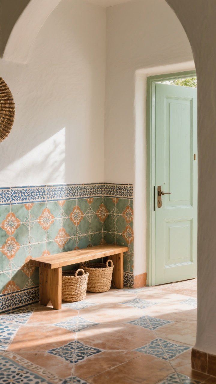 Photorealistic medium shot of an inviting foyer with Moroccan-style encaustic-look tiles in a sun-washed palette of sage, terracotta, and dusty blues, featuring delicate repeating motifs; a warm wood bench sits against the wall with woven baskets tucked beneath, door painted to pull a soft sage tone from the tile for cohesion; soft, warm lighting with gentle shadows to evoke handcrafted texture; angled perspective from the doorway to highlight the tile’s character.