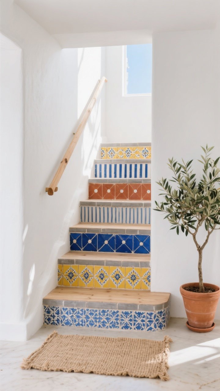 Photorealistic medium shot, straight-on view of a foyer staircase with neutral wood treads and vibrant Mediterranean mosaic risers in cobalt blue, terracotta, and sunny yellow; repeating Santorini-style motifs mix one hero pattern with two quieter ones (stripes and dots), matte tile finishes, warm gray grout on some steps and crisp white on others to compare; white walls, natural wood accents; a jute runner placed nearby on the floor and a leafy olive tree in a terracotta pot beside the first step; bright natural daylight for a breezy, coastal vibe