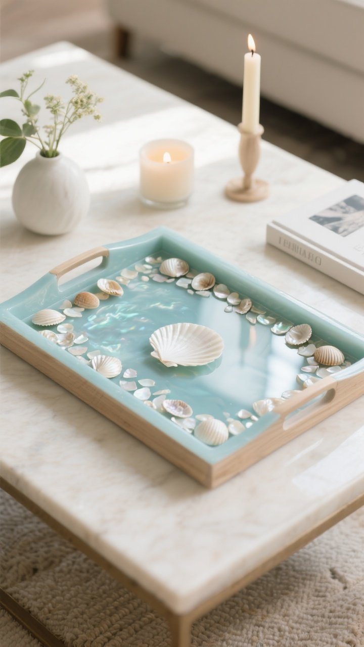 Photorealistic overhead detail shot of a shell-inlaid tray on a coffee table: a soft blue or sage wood/resin tray with a lip, tiny mother-of-pearl chips and mini clam shells arranged in a neat border pattern and set under a thin layer of clear resin for a level glossy surface. Styled with a single candle, a small bud vase, and a coffee table book. Subtle shimmer from shells, natural afternoon light; palette of seafoam, white, and sand.